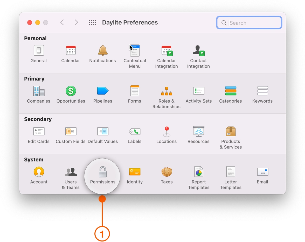 Daylite Preferences window selecting Permissions