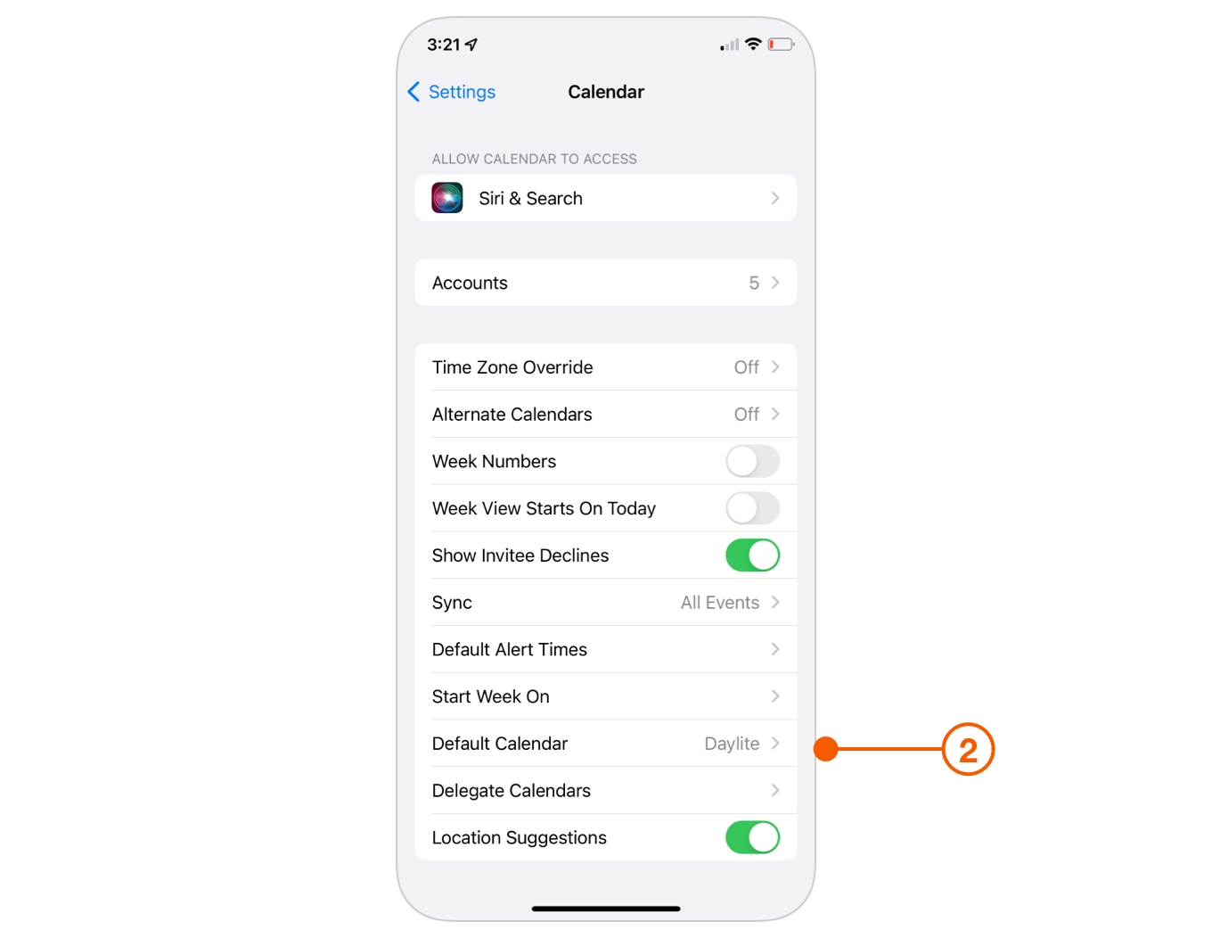 iOS Calendar Settings showing Default Calendar