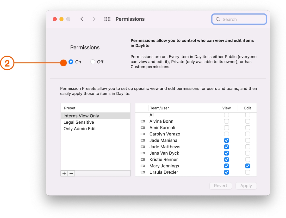 Permissions Preferences showing Permissions On