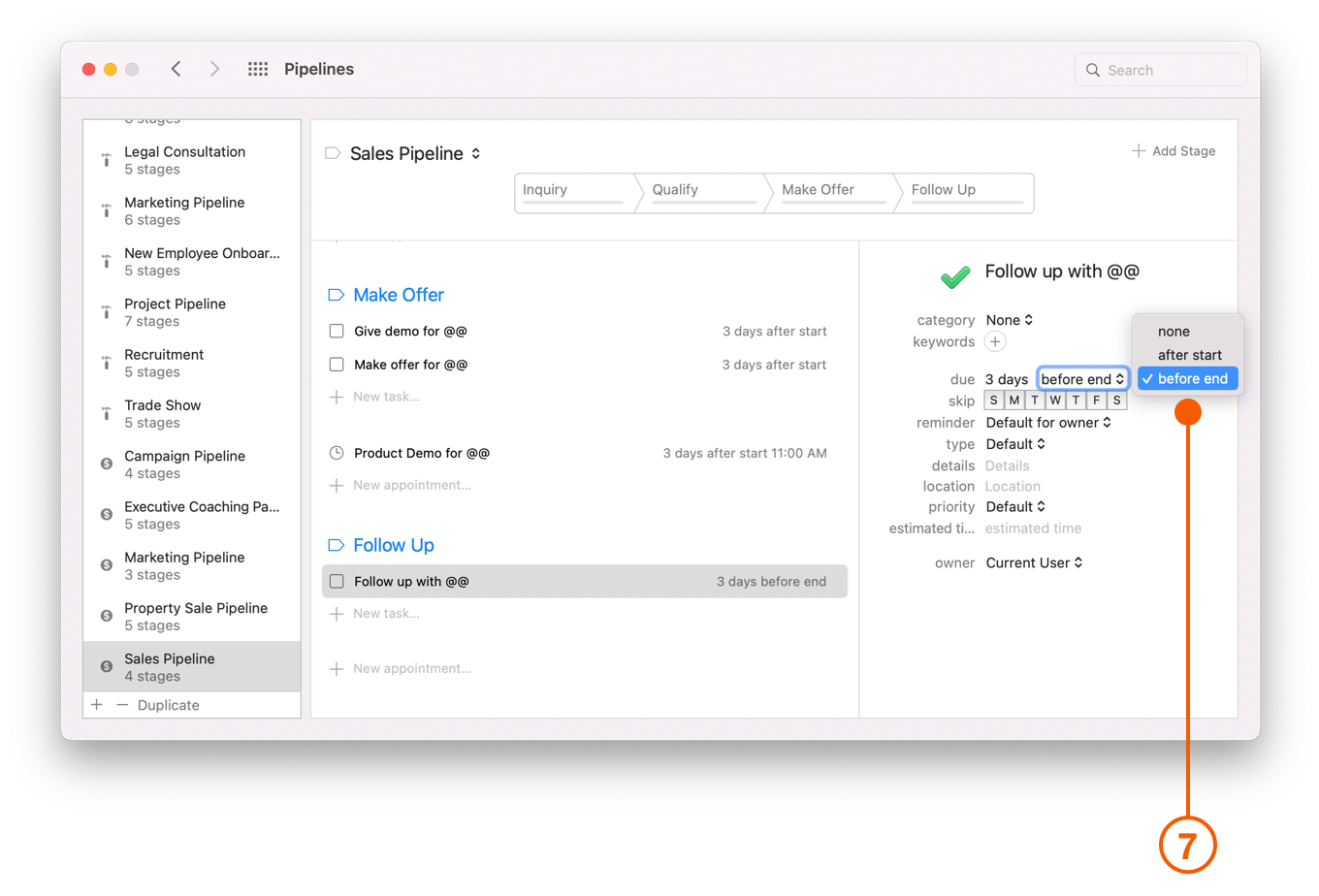 Pipelines Preferences window setting due date