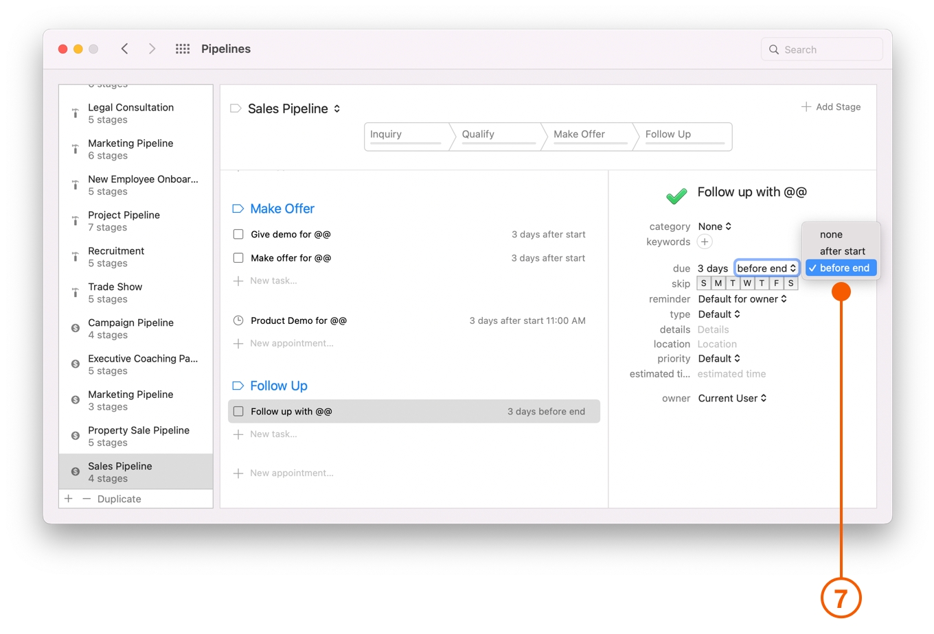 Pipelines Preferences window setting due date