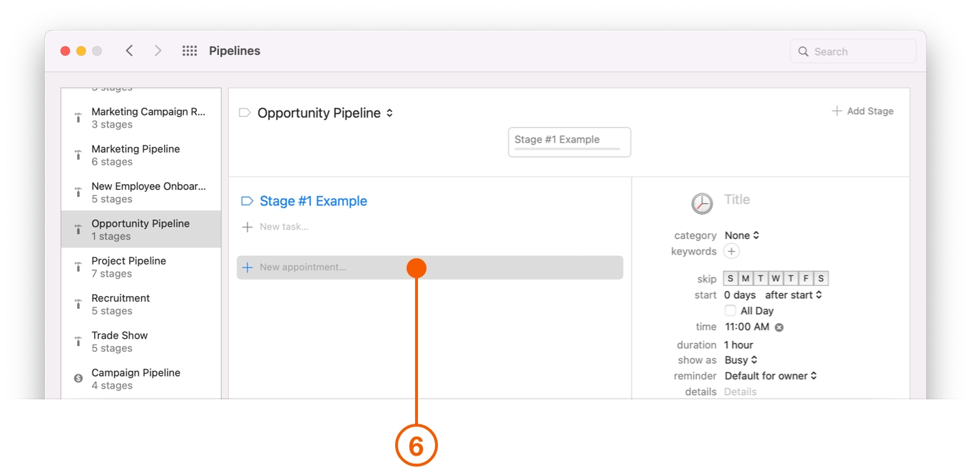 Pipelines Preferences window selecting New Appointment