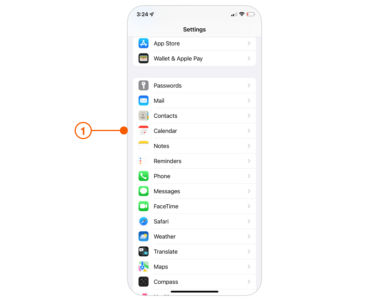 iOS Settings selecting Calendar