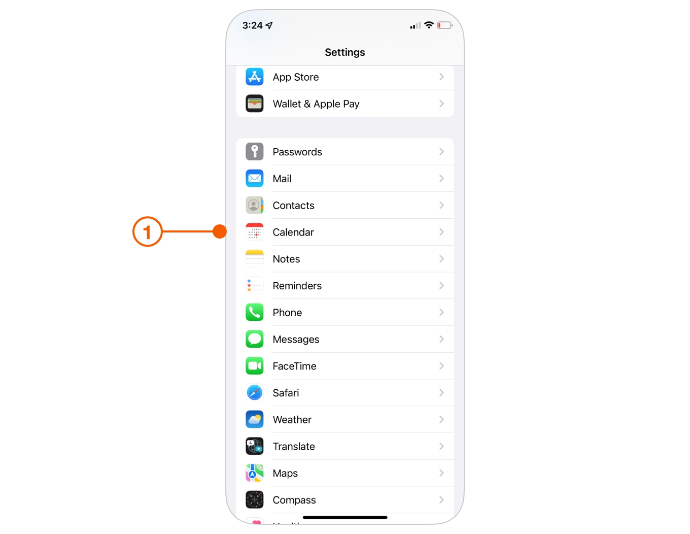 iOS Settings selecting Calendar