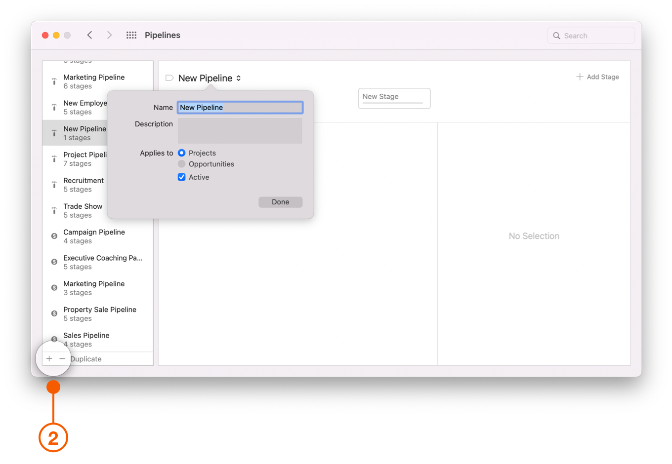 Pipelines window selecting plus button
