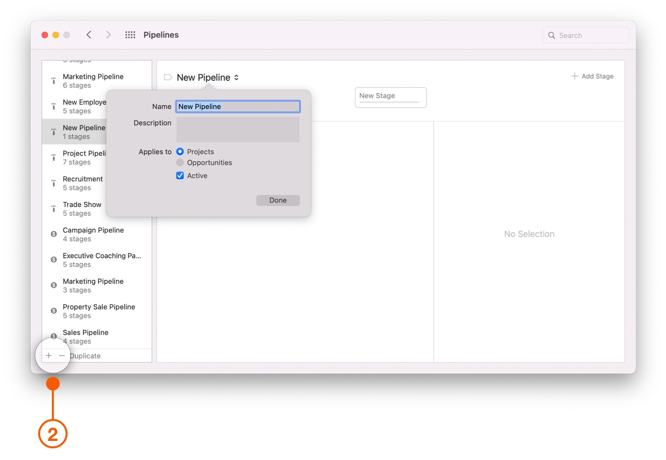 Pipelines window selecting plus button