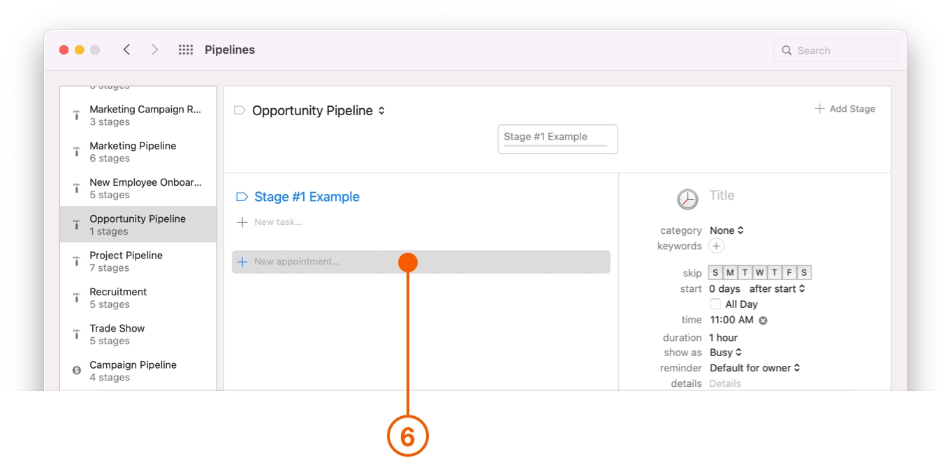 Pipelines Preferences window selecting New Appointment