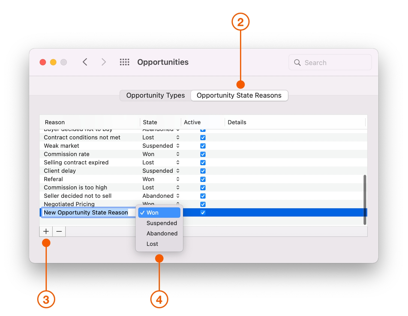 Opportunities Preferences window showing Opportunity State Reasons
