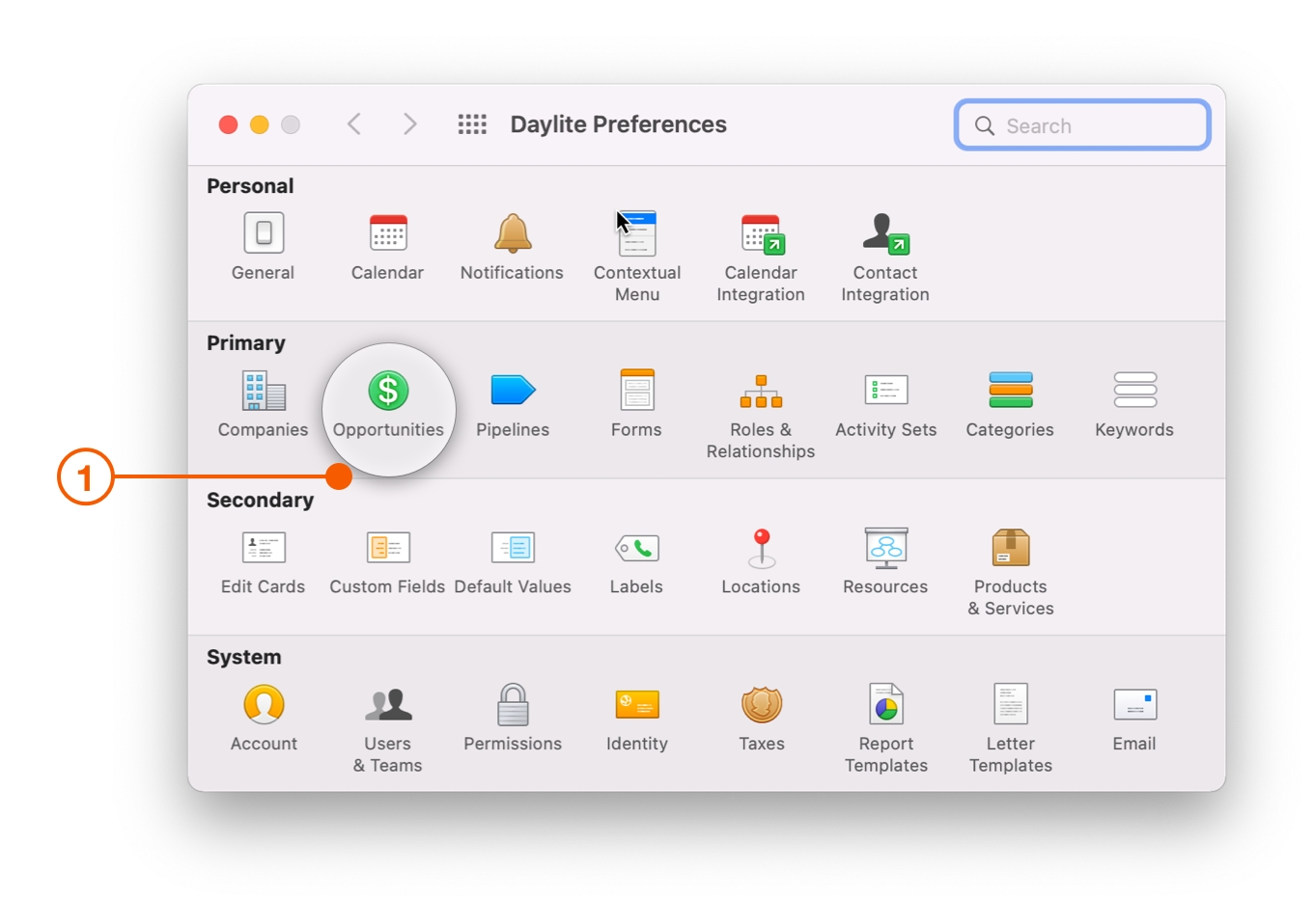 Daylite Preferences selecting Opportunities