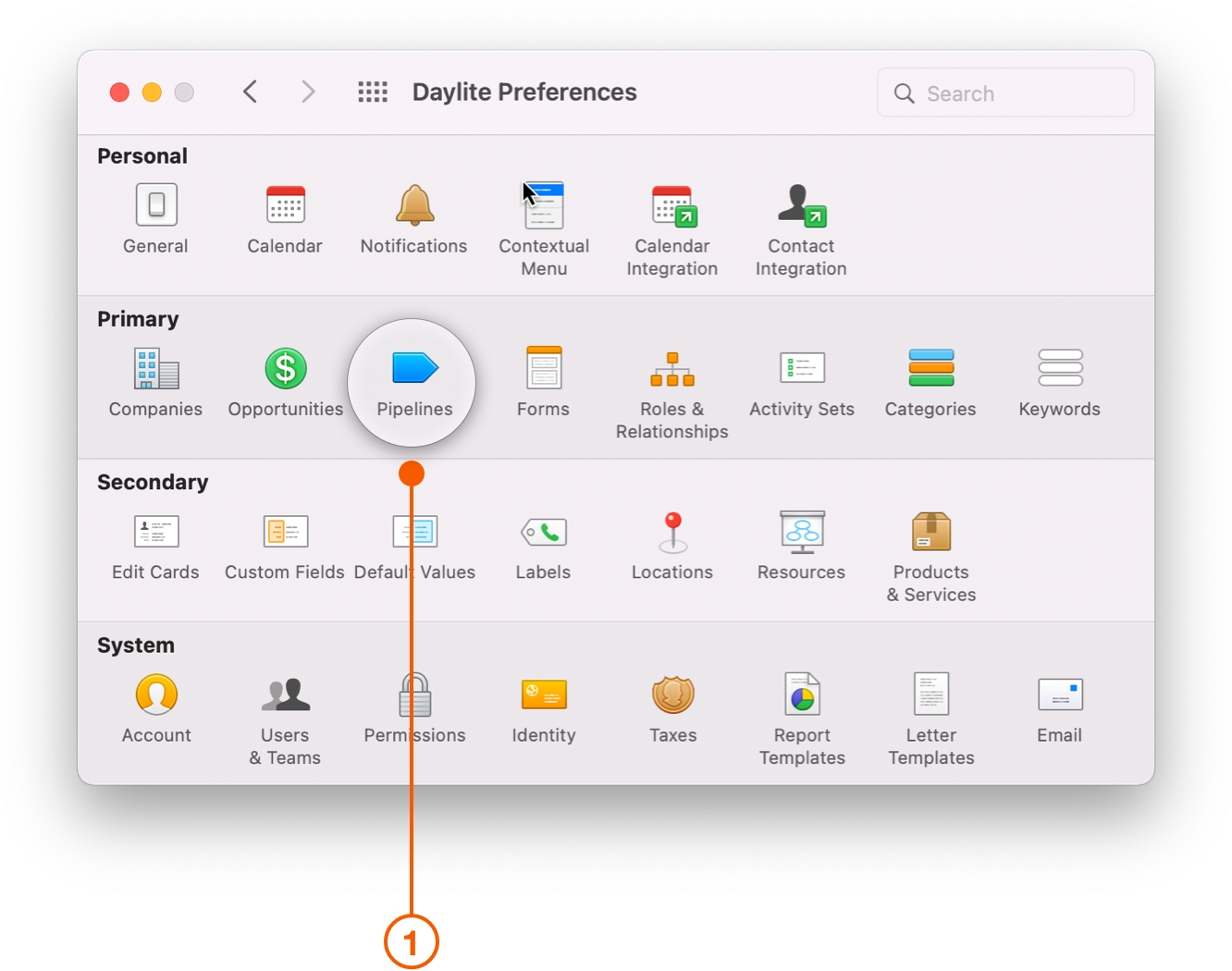 Daylite Preferences window selecting Pipelines